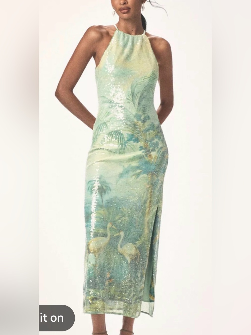 BHLDN Mint Green Sequin Tropical Halter Maxi Dress